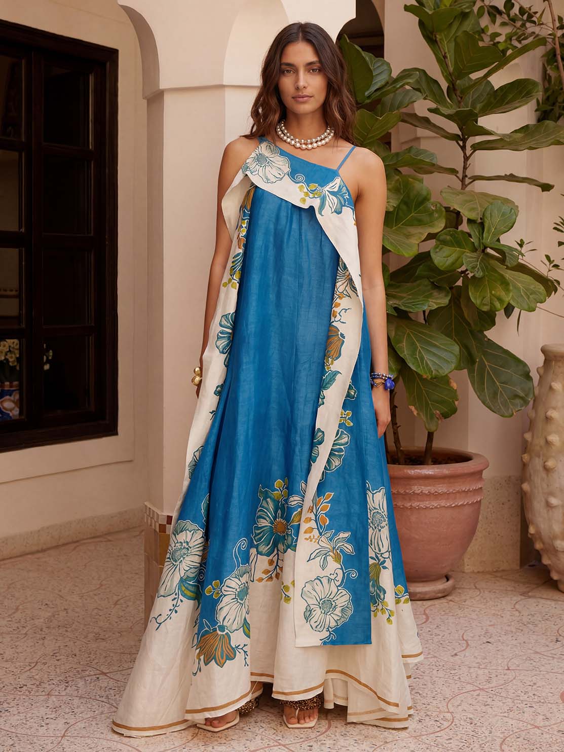 Elegant Tropical Print Asymmetrical Strappy Maxi Dress