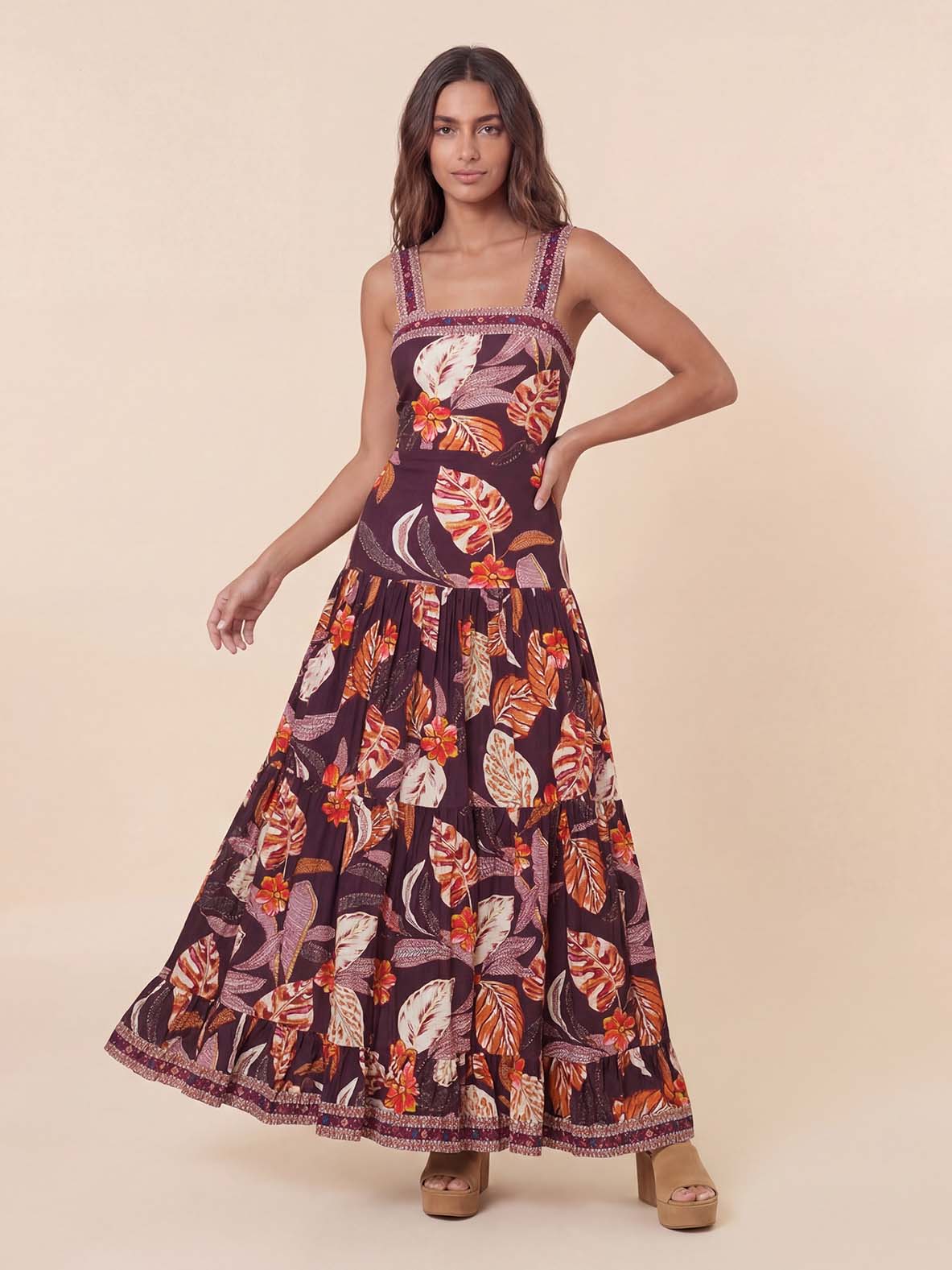 Square Neck Tropical Leaf Print Tiered Maxi Dress