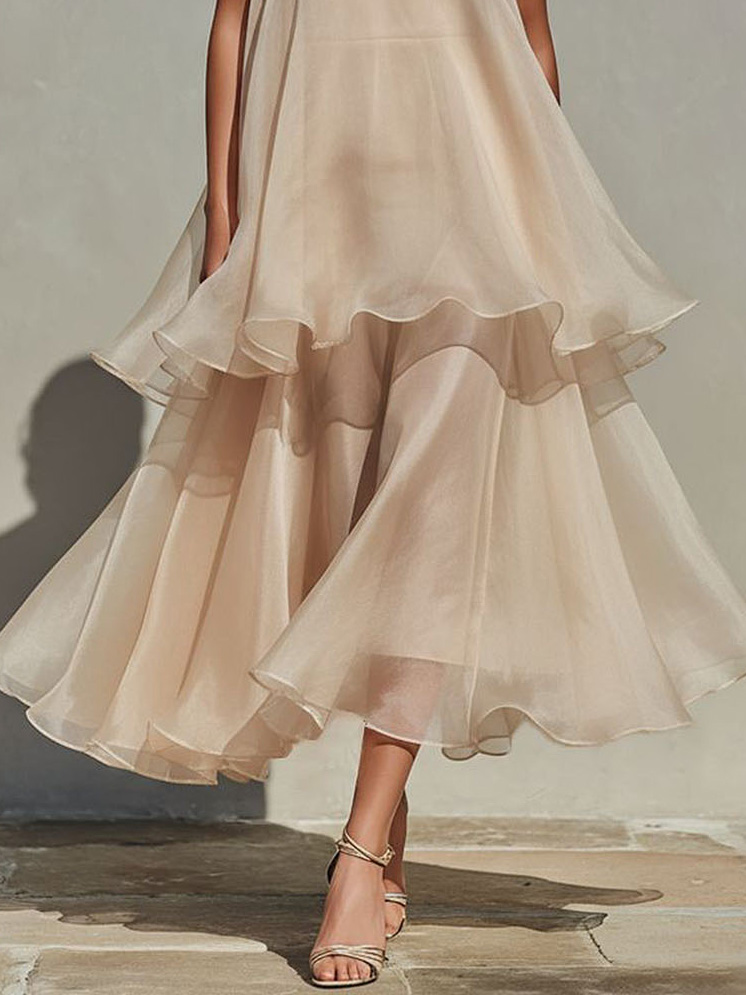 Elegant Spaghetti Strap Tiered Ruffle Flowy Maxi Dress