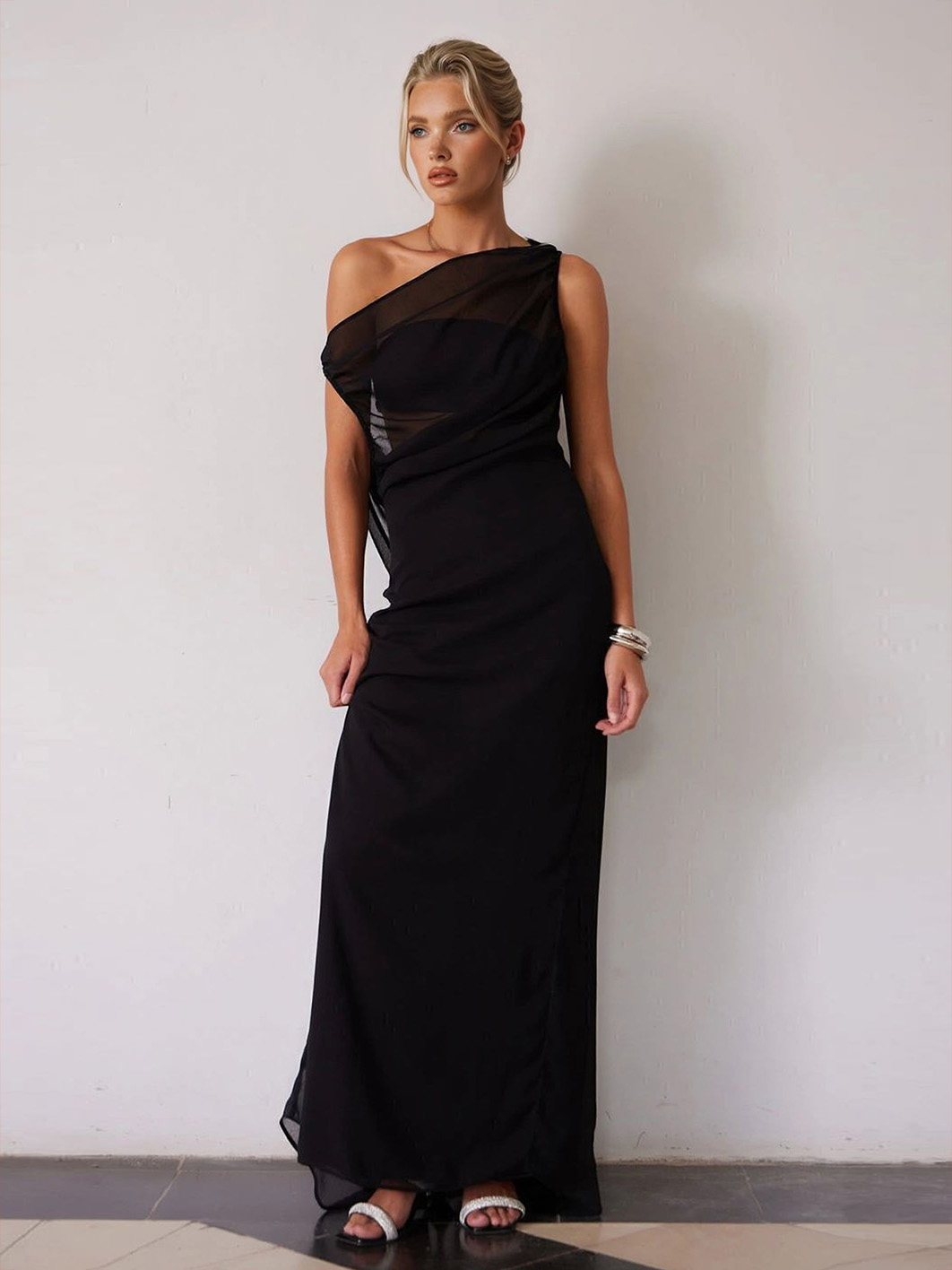 Elegant One-Shoulder Ruched Waist Flowy Maxi Dress