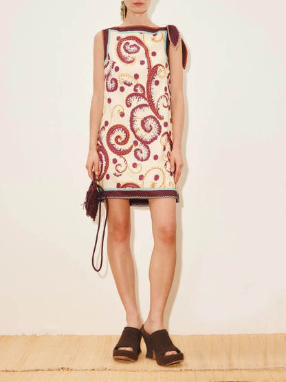 Classic Palelis Print Straight Neck Tie-Waist Mini Dress