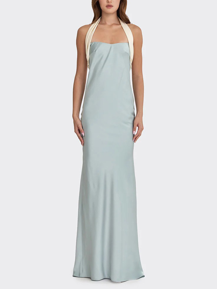 Elegant Satin Contrast Halter Neck Party Maxi Dress