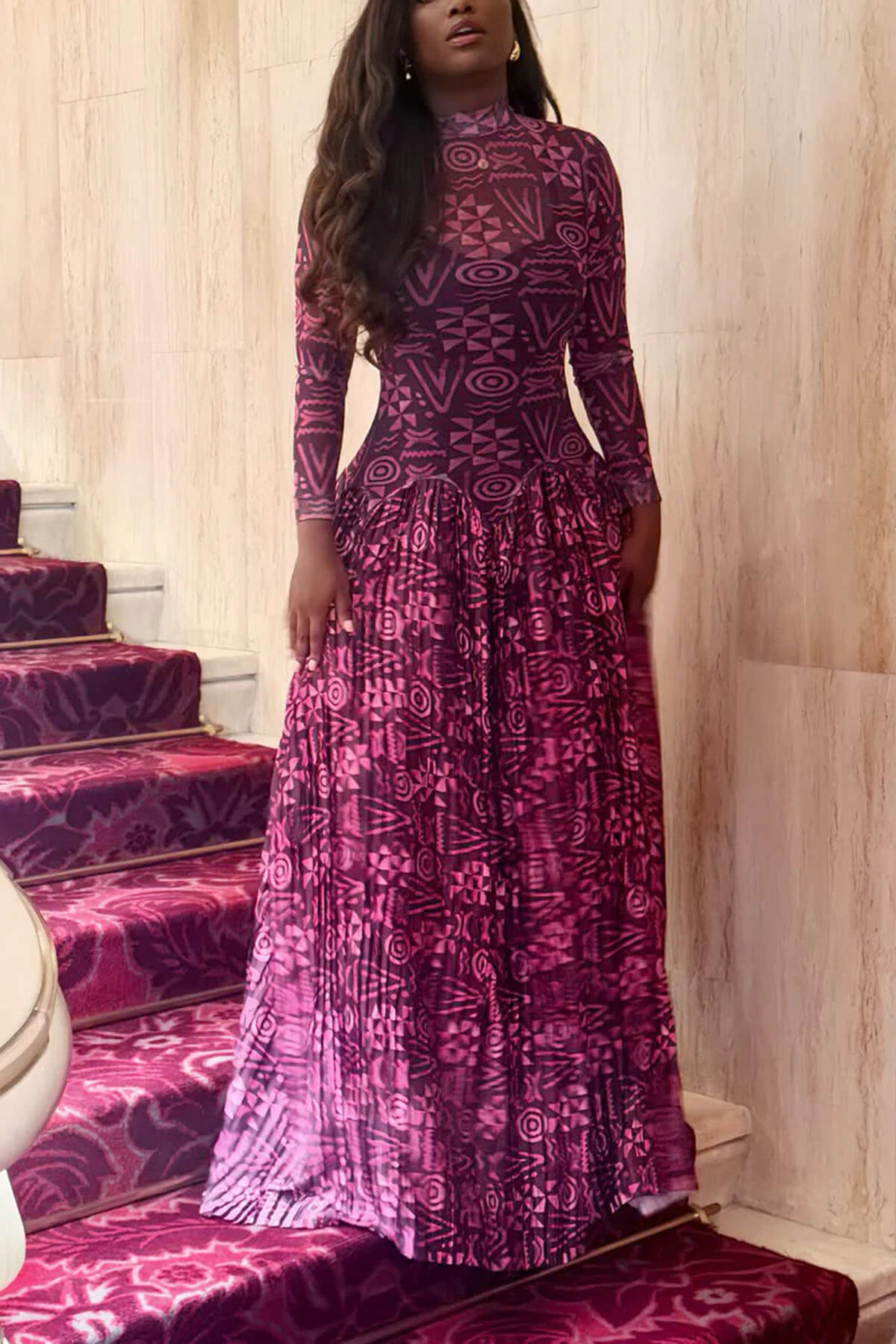 Unique Geometric Print Pleated High-Neck Maxi Dress