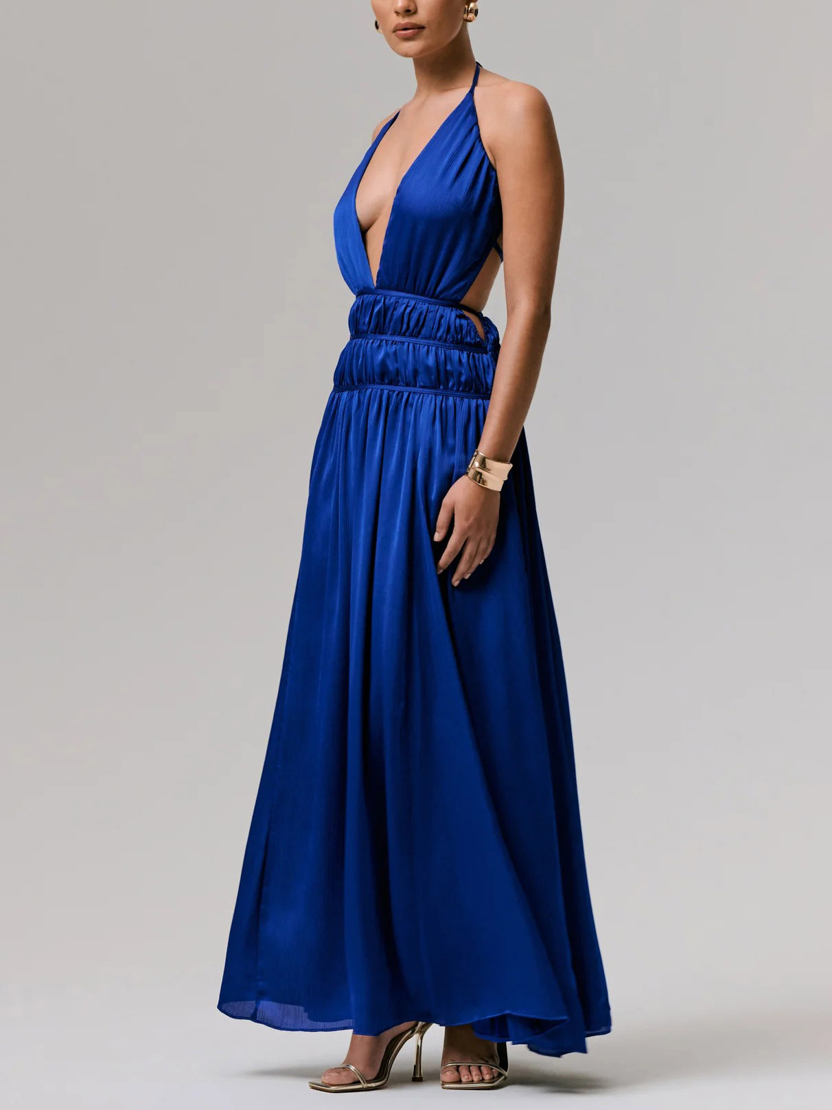 Exquisite Halterneck Lace-up Deep V-neck Satin Maxi Dress