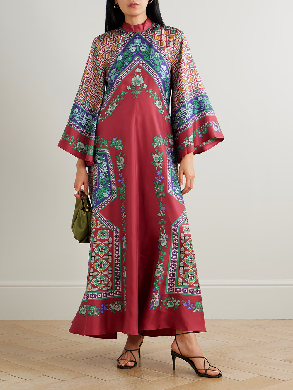 Exquisite Floral Print Tie-Detail Satin Maxi Dress