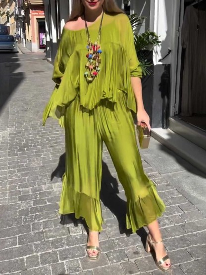 Elegant Asymmetrical Top & Ruffle Wide-Leg Pants Two-Piece Set