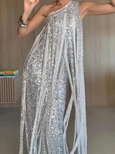 Elegant One-shoulder Neckline Tassel Sequin Maxi Dress