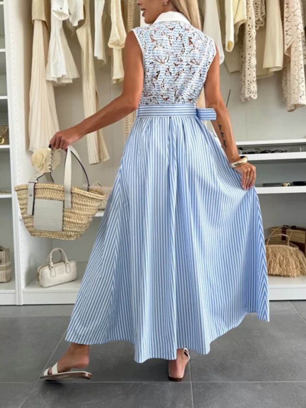 Retro Lace-Trimmed Splicing Striped Print Button-Down Maxi Dress