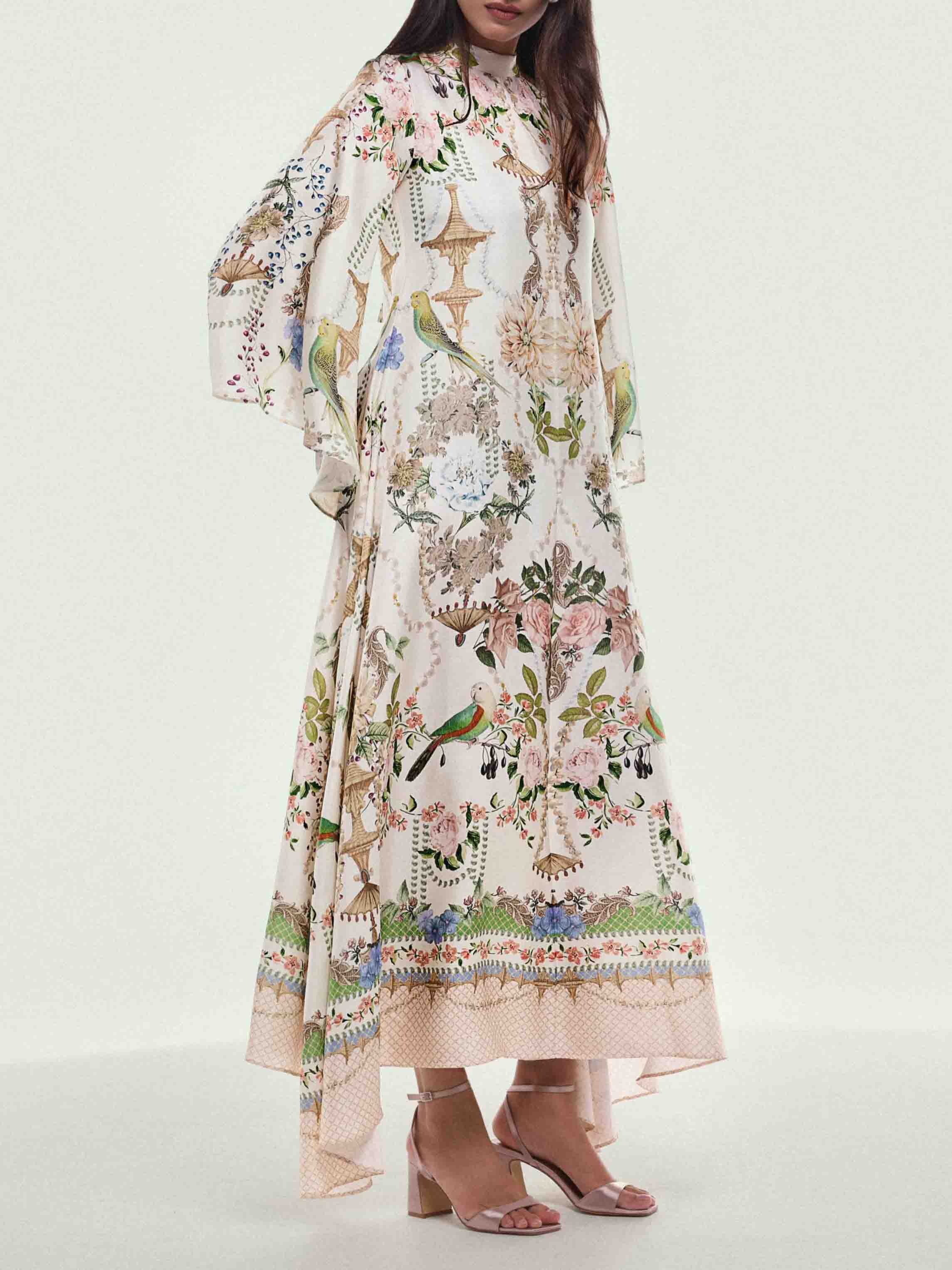 Exquisite Flared Sleeve Floral Print Satin Maxi Dress