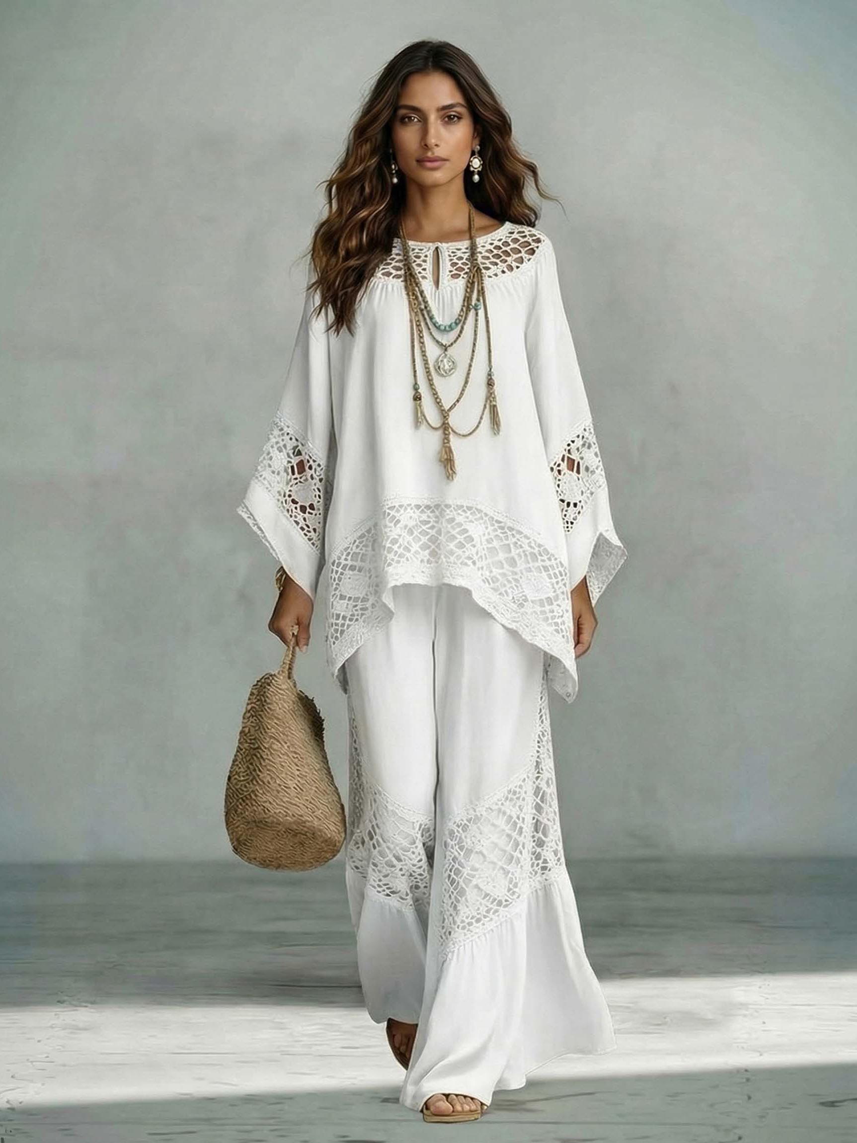 Casual Crocheted Lace Loose Kaftan Top Two-Piece Set
