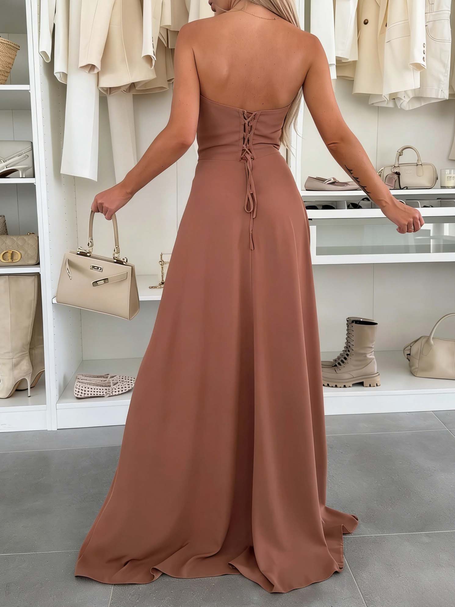 Elegant Strapless Draped Corset High Slit Maxi Dress