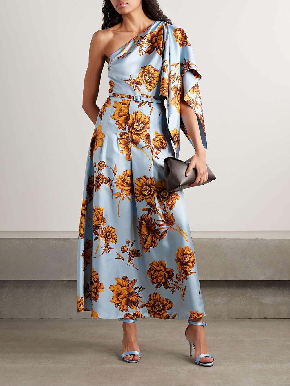 Delicate One-Shoulder Belted Draped Floral-Print Satin Maxi Dress