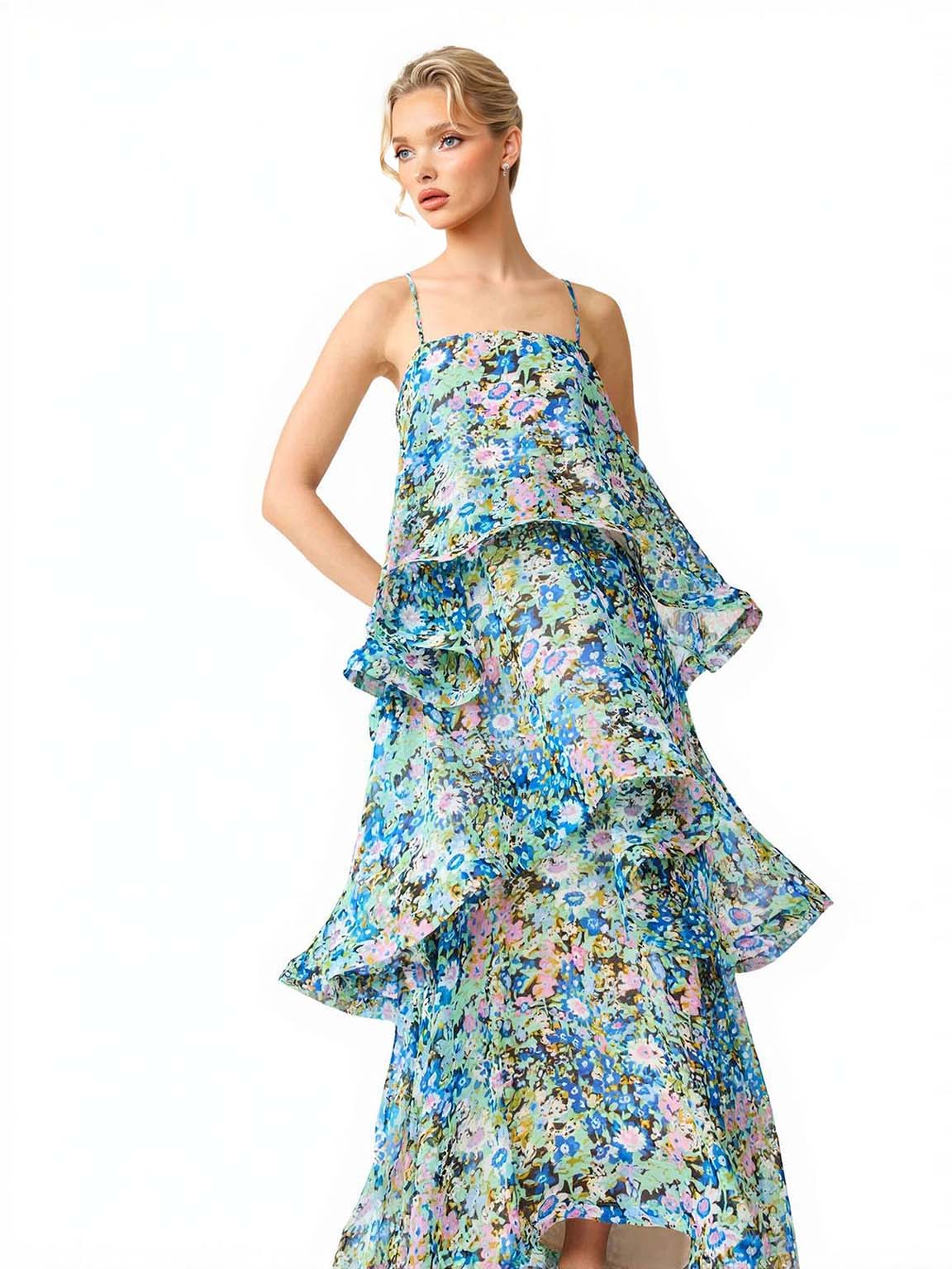 Elegant Vibrant Floral Print Tiered Ruffle Maxi Dress
