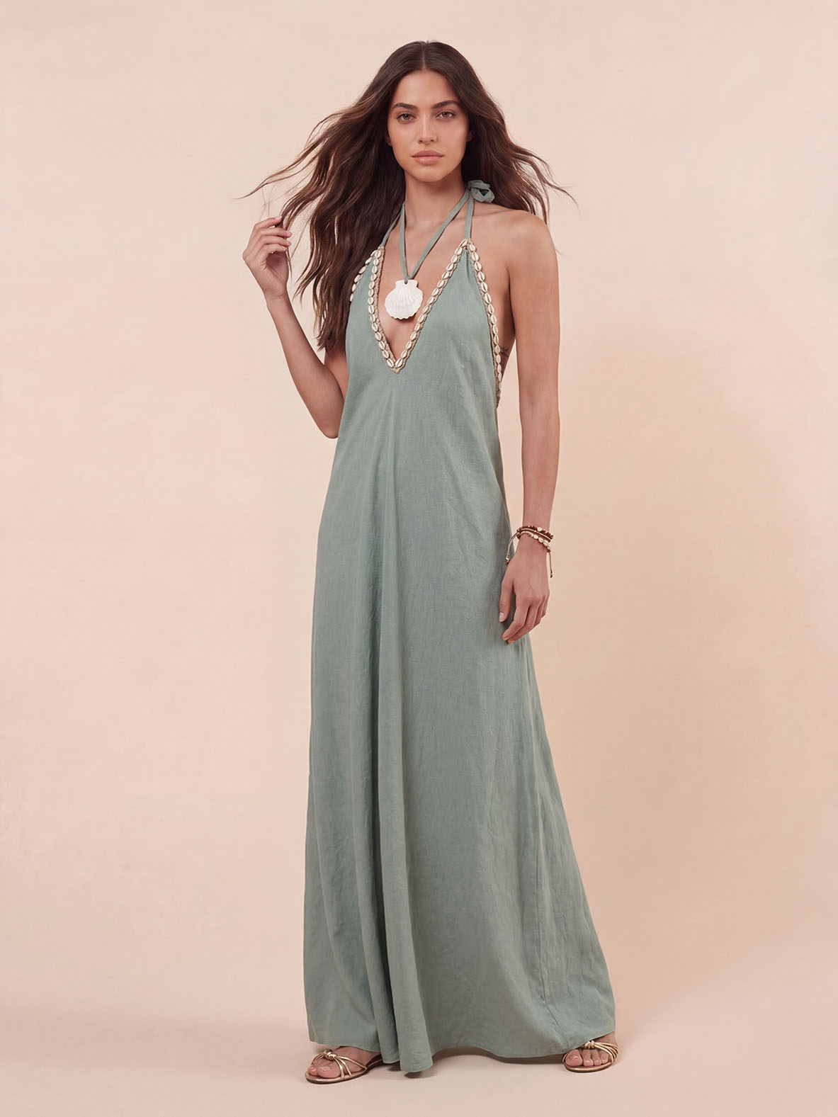 Casual Bohemian Shell Print Deep V Backless Maxi Dress