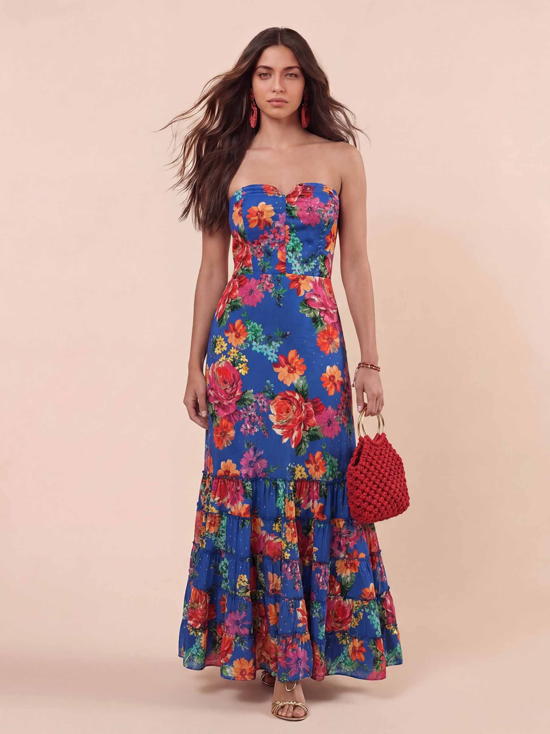 Exquisite Floral Print Strapless Layered Ruffled Maxi Dress