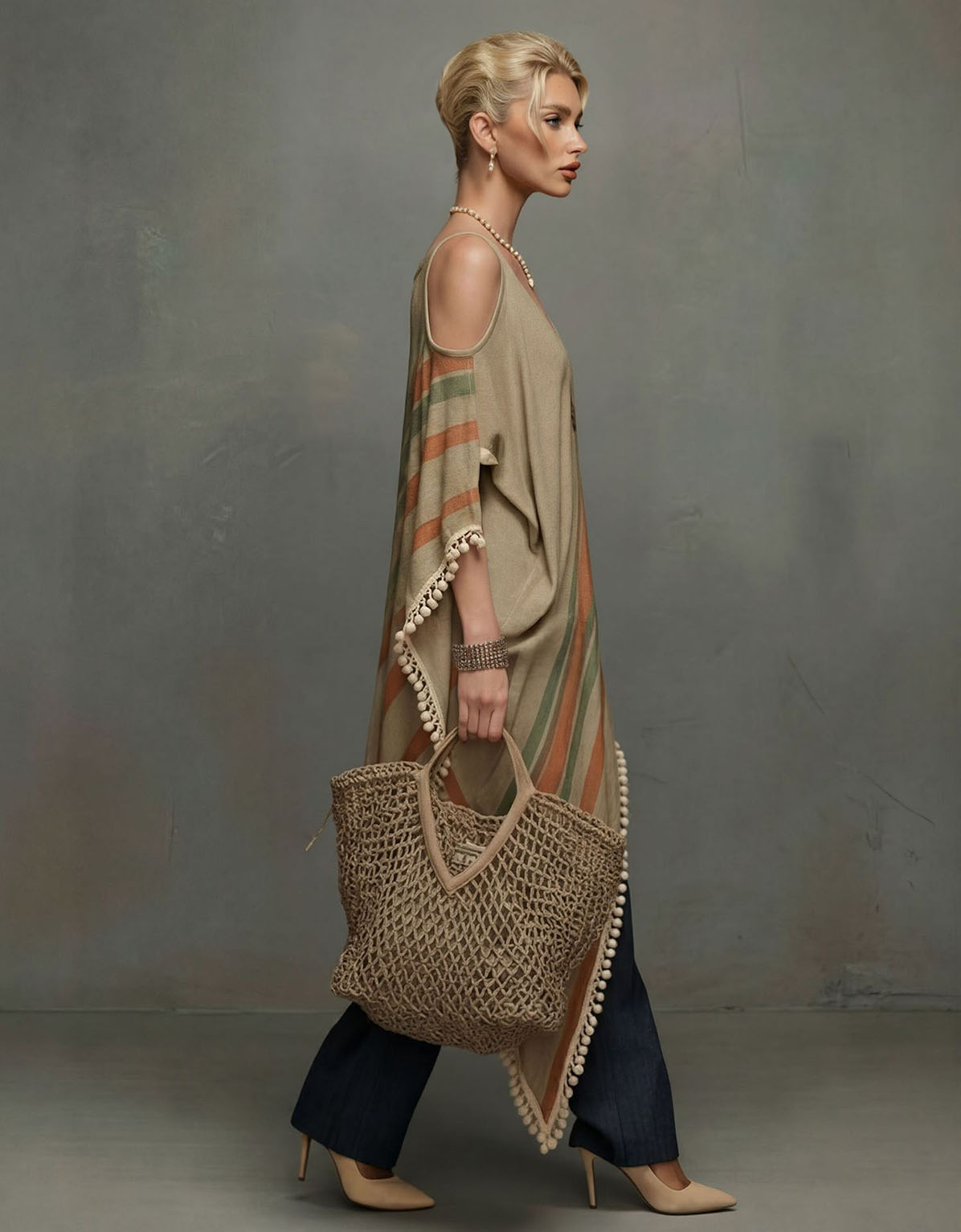 Casual Striped Tassel Asymmetric Shawl Top Two-Piece Set