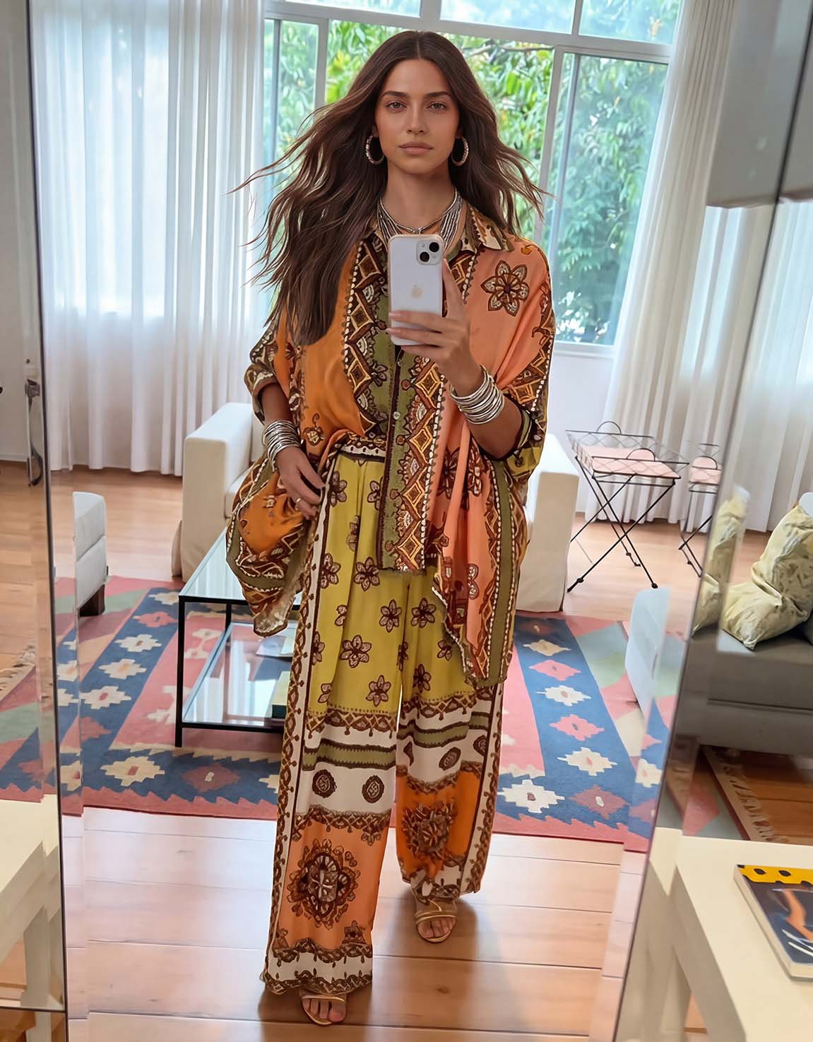 Unique Satin Paisley Print Batwing Sleeve Shirt & Trousers Two-piece Set