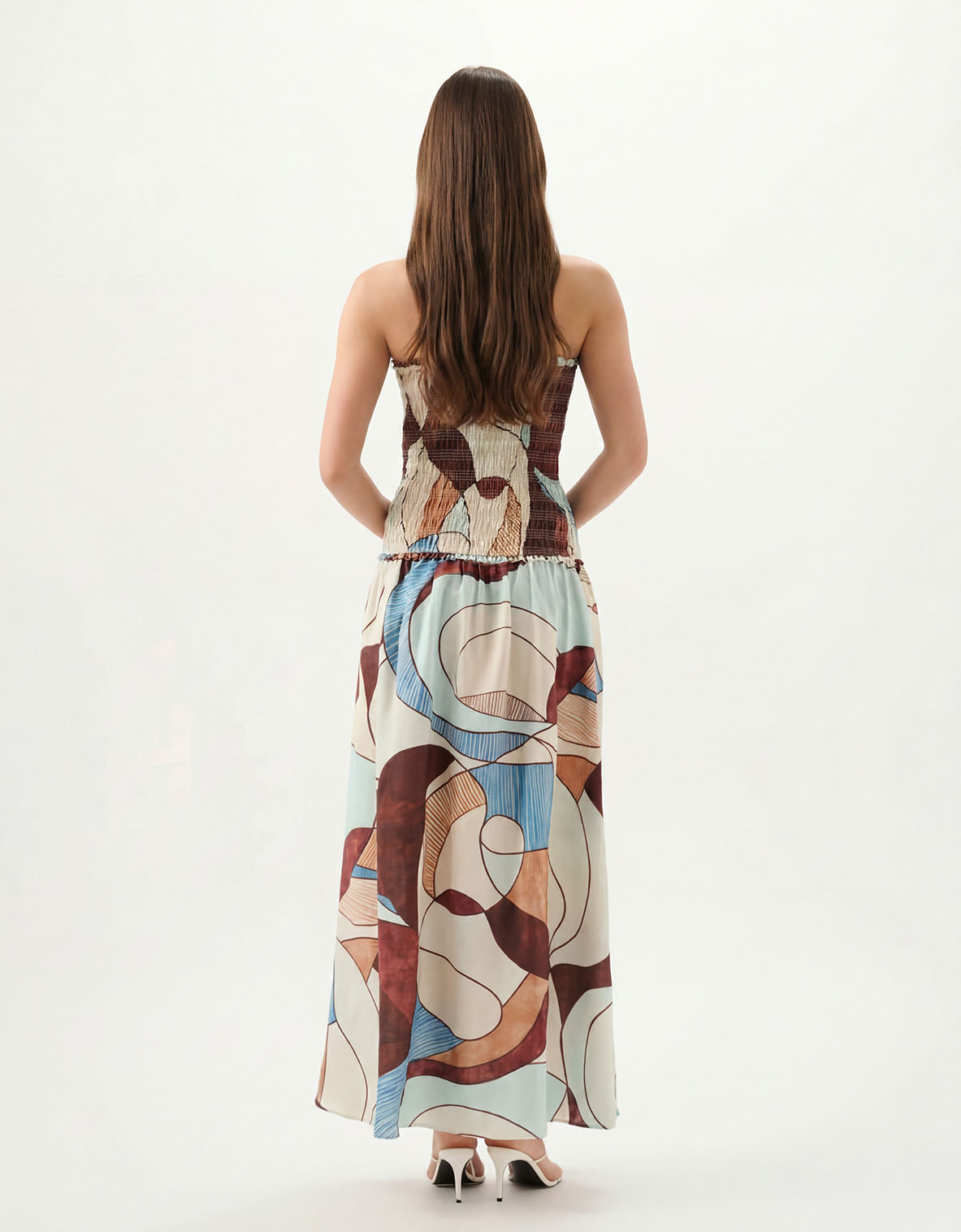 Exquisite Strapless Ruched Abstract Geometric Print Tiered Maxi Dress