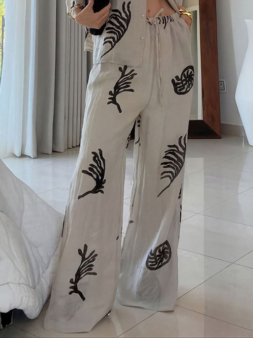 Exquisite Tropical Leaf Print Shirt & Pants Two-Piece Set