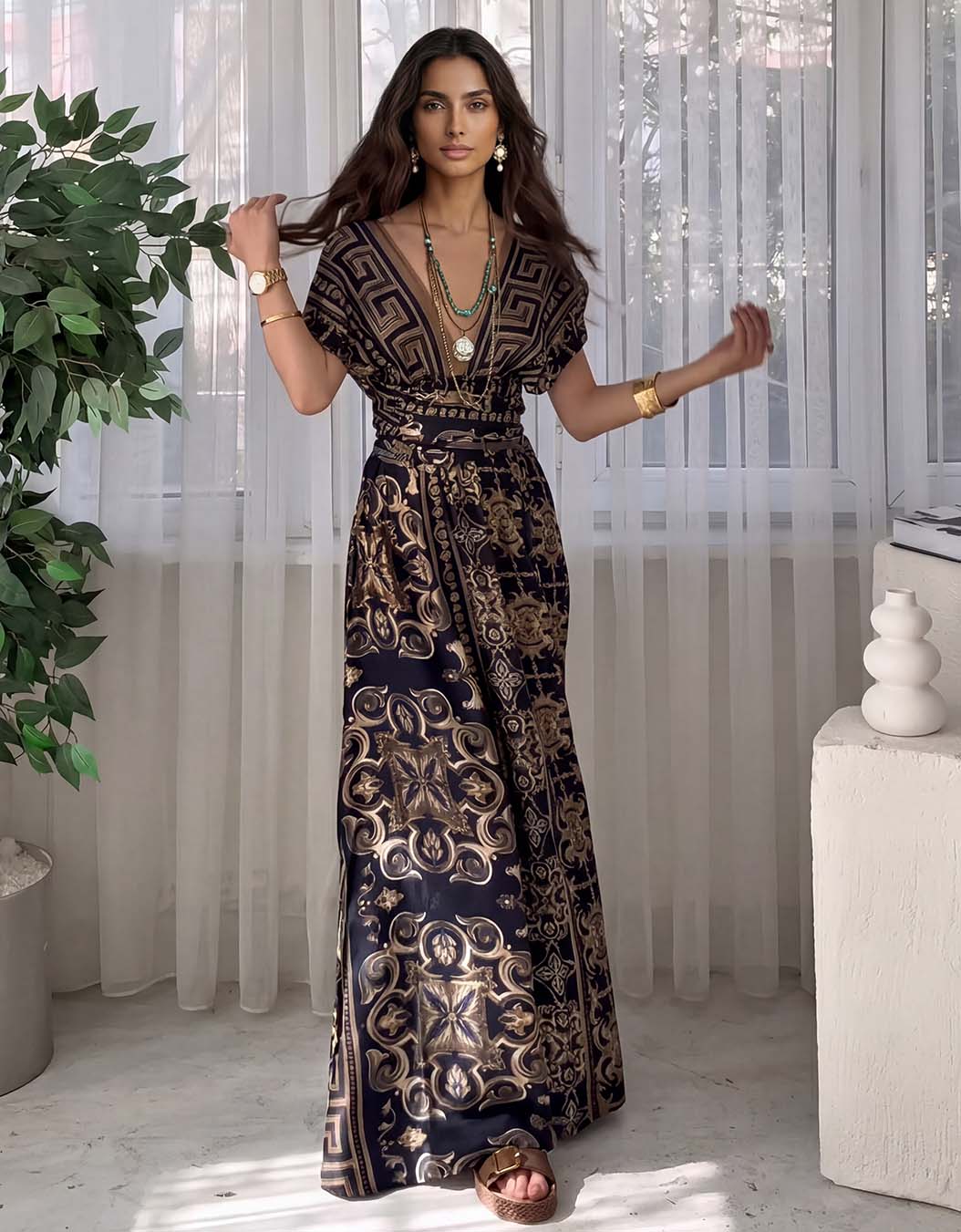 Elegant Deep V-neck Bohemian Print Maxi Dress