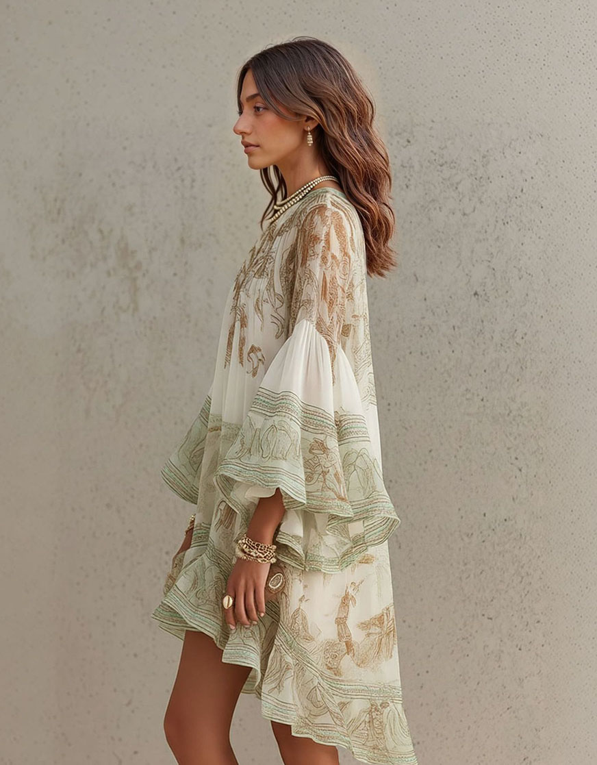 Elegant Vintage Print Ruffle Flare Sleeve Mini Dress