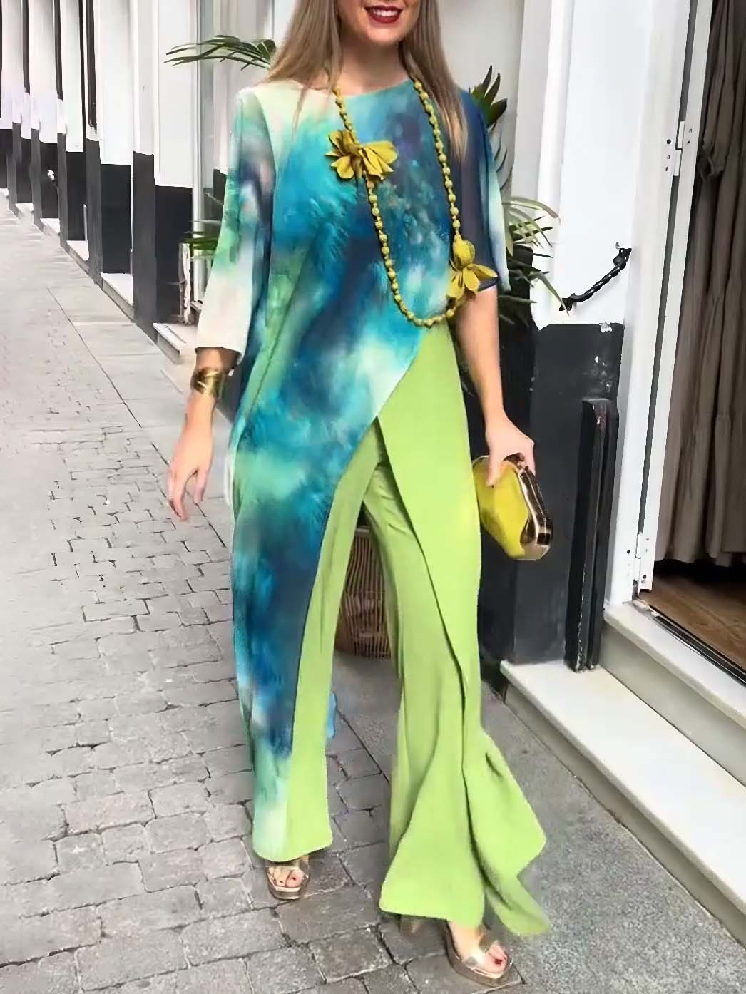 Abstract Watercolor Print Asymmetrical Two-piece Set