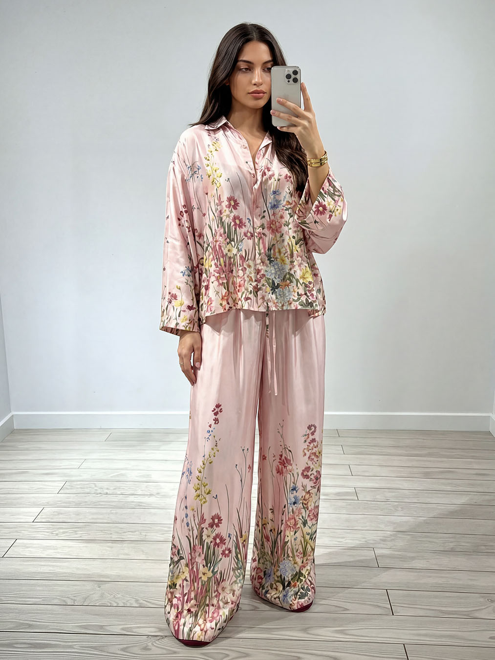 Elegant Floral Print Satin Button Shirt