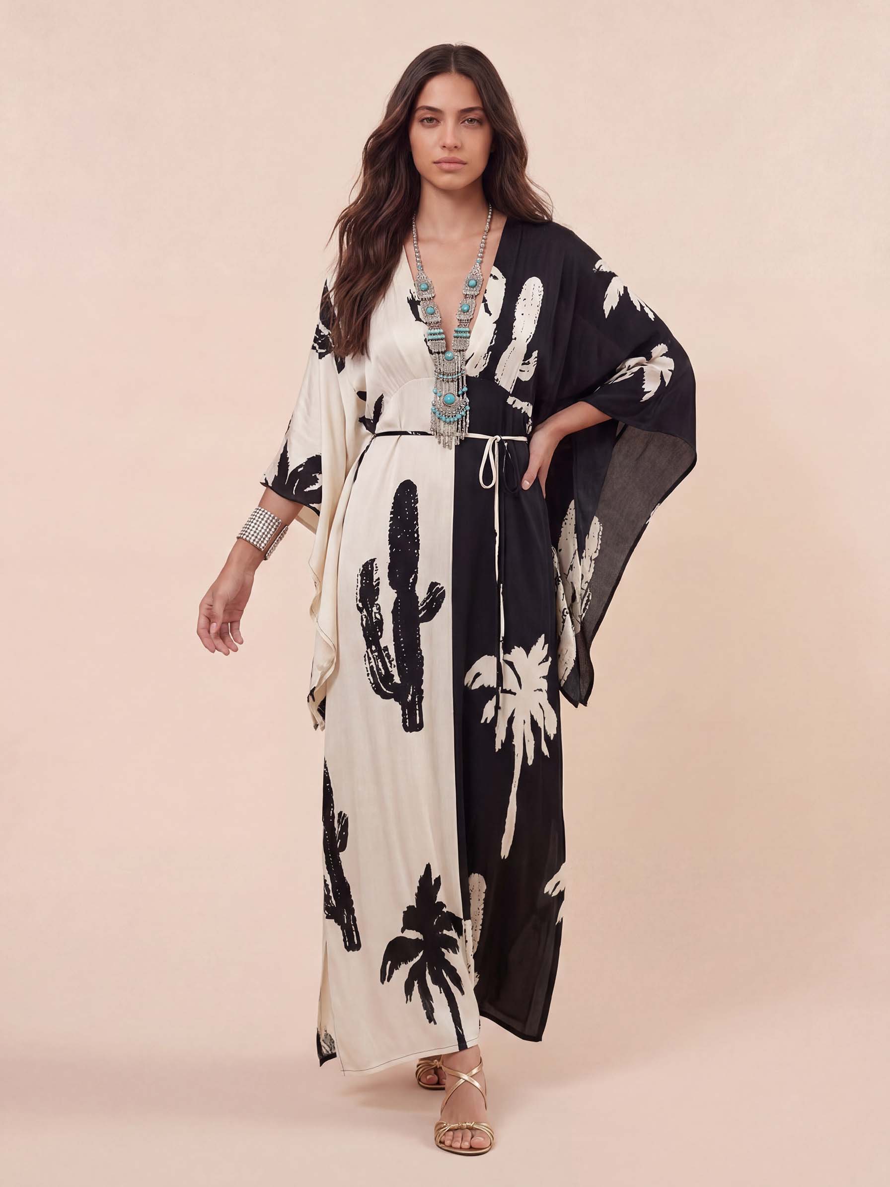 Bohemian Palm Print Colorblock Kaftan Maxi Dress