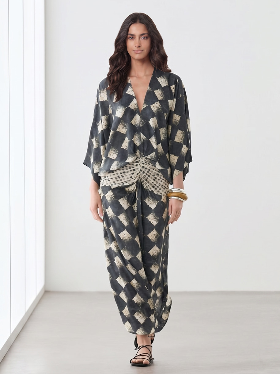 Casual Abstract Plaid Print Kimono Sleeve Maxi Dress