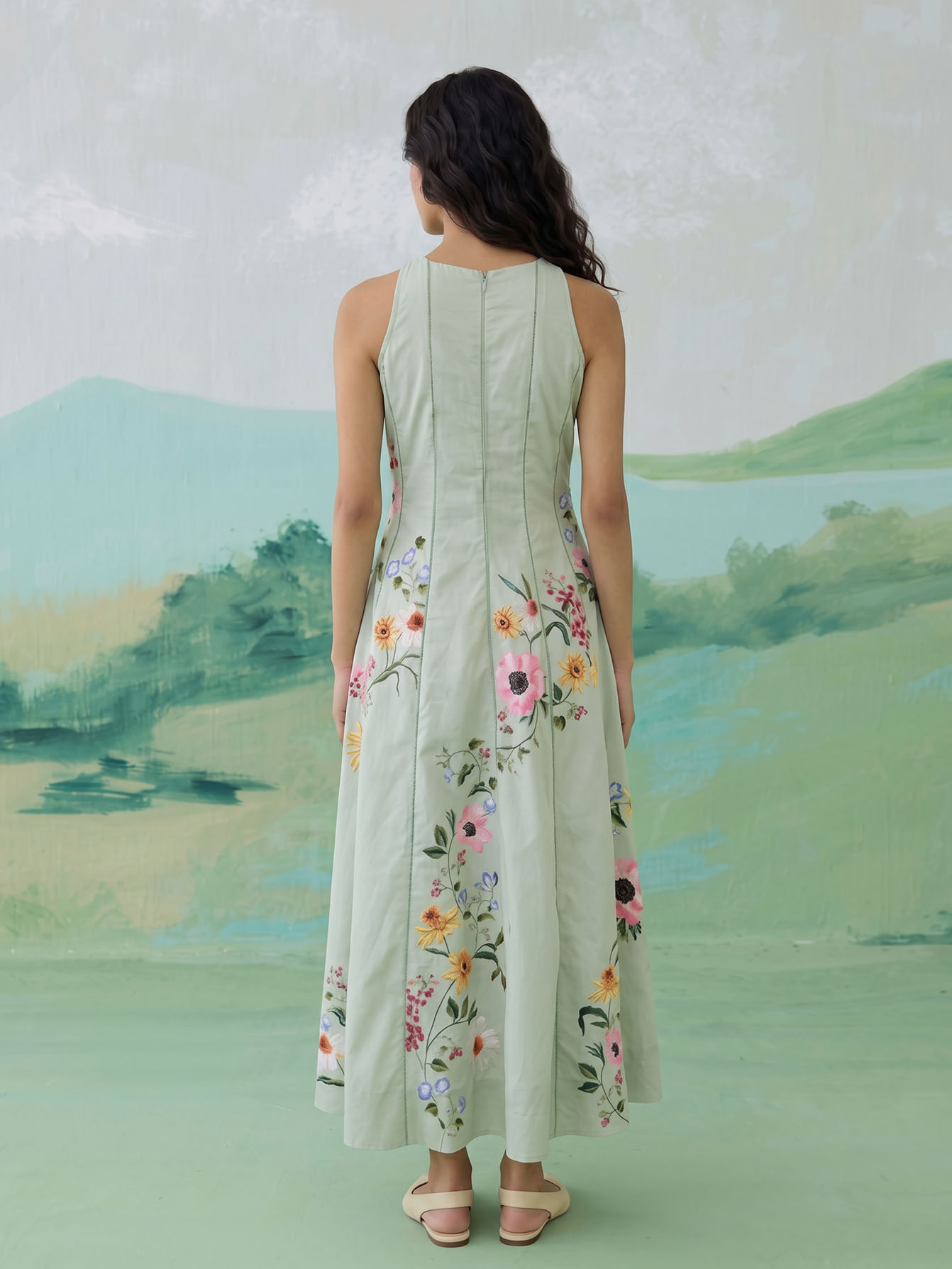 Elegant Floral Embroidered Sleeveless Maxi Dress