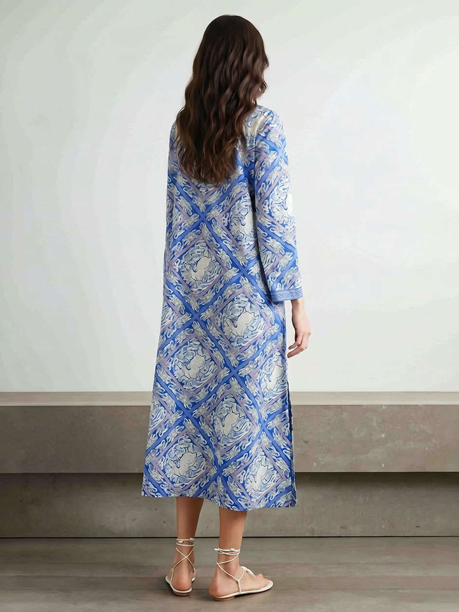 Unique Paisley Print Satin V-Neck Midi Dress