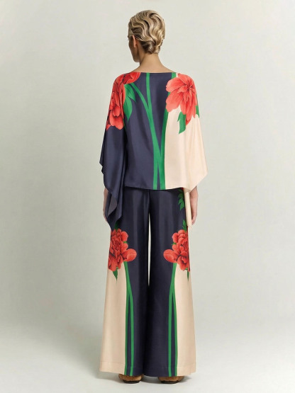 Paisley Print Asymmetric Sleeve Shirt & Wide-Leg Pants Two-Piece Set