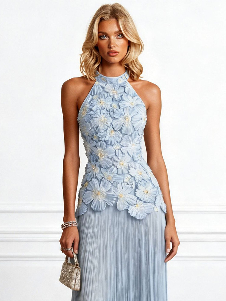Elegant halter neck 3D kvetinová aplikácia riasená maxi šaty