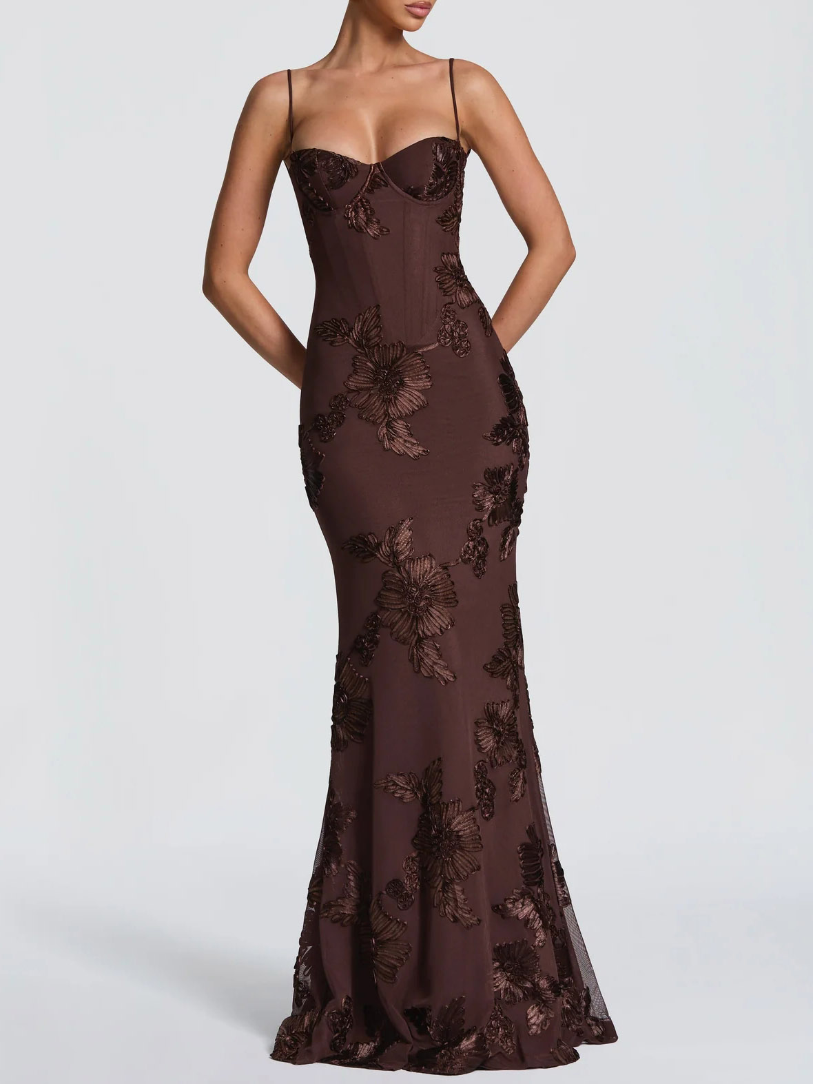 Elegant Floral Embroidered Spaghetti Strap Mermaid Maxi Dress