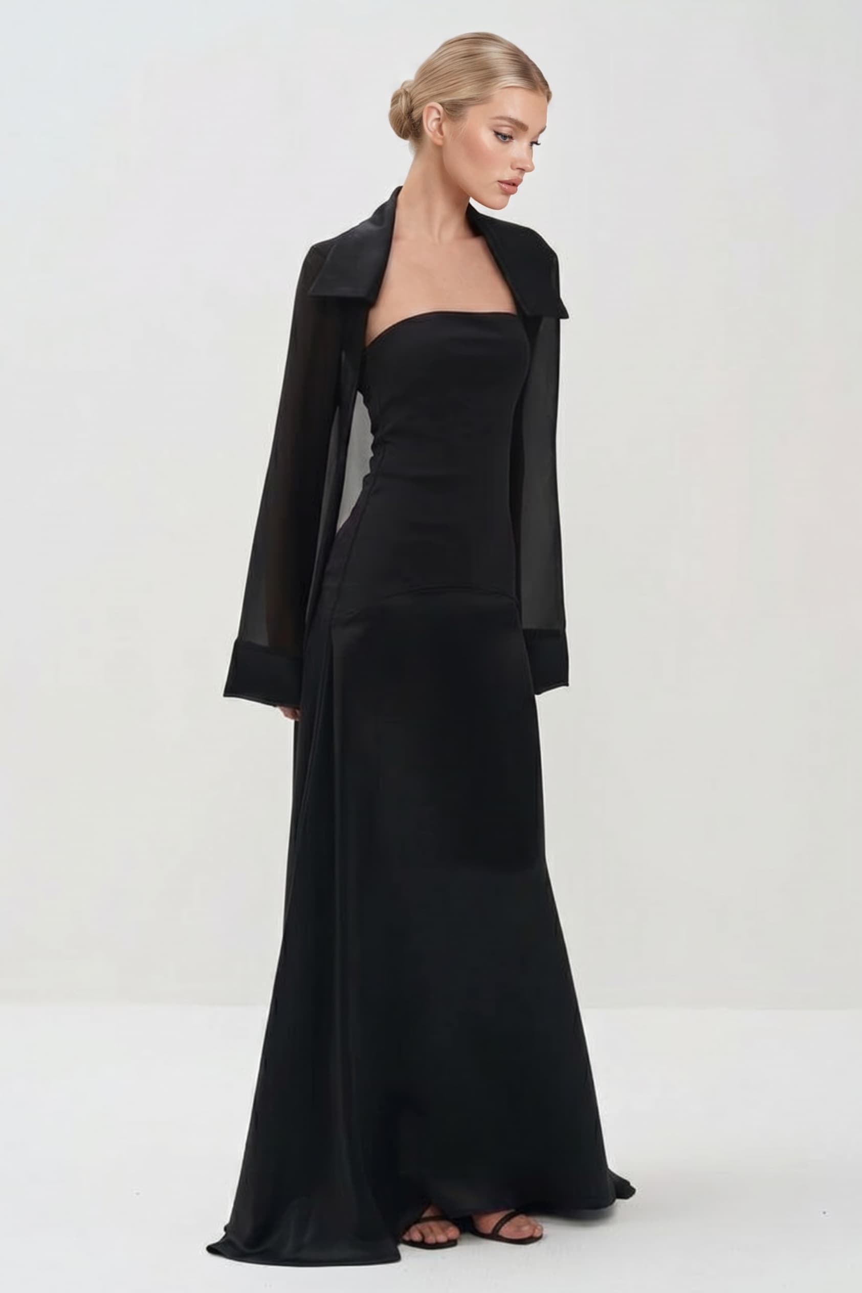 Elegant Satin Maxi Dress & Long Sheer Chiffon Cover-Up Two-Piece Set