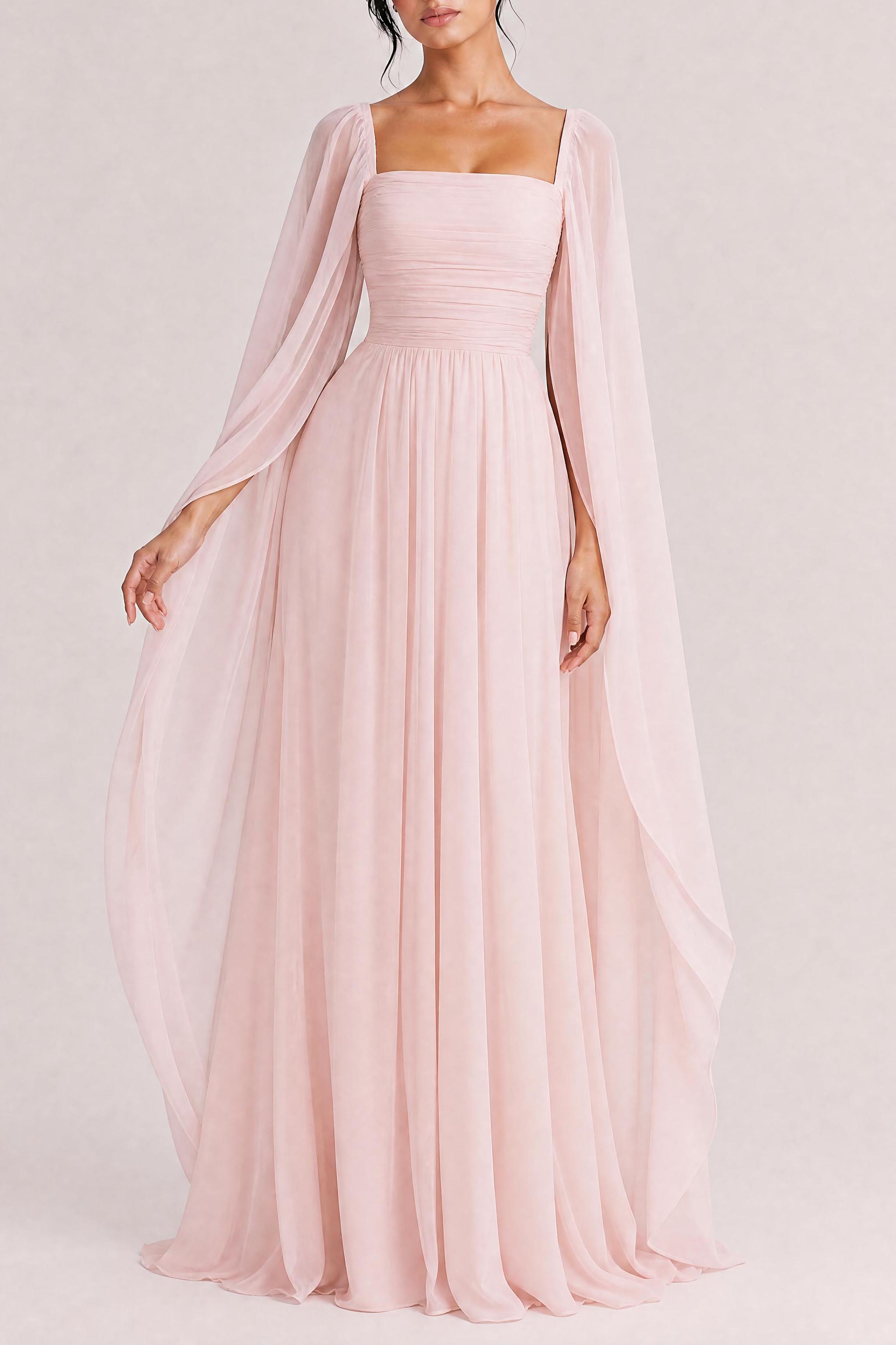 Elegant Cape Sleeve Pleated Chiffon Maxi Dress