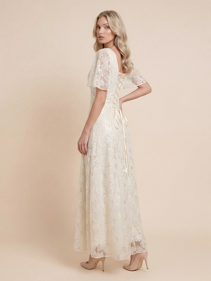 Elegant Square Neck Sheer Tulle Floral Embroidered Maxi Dress