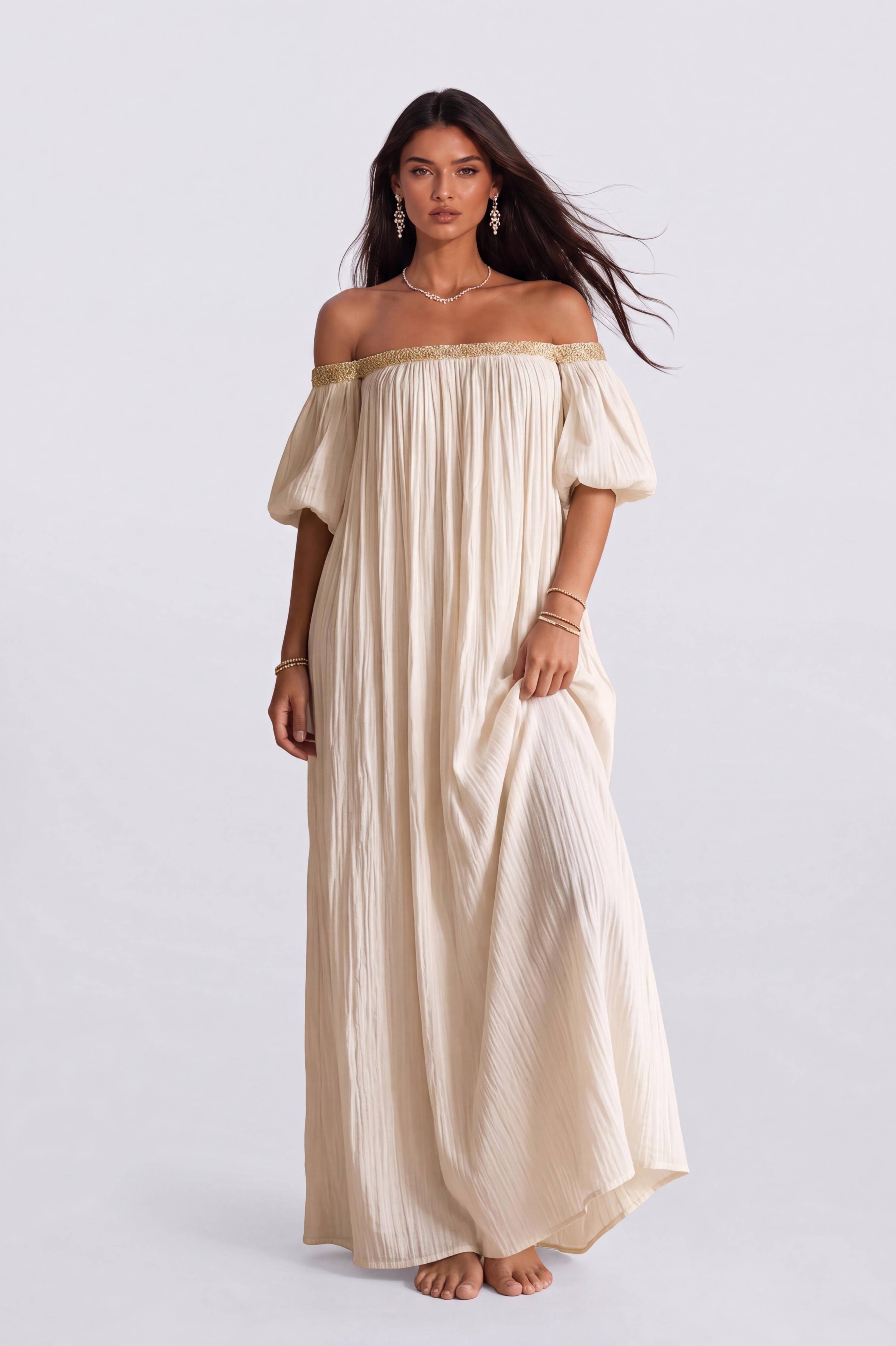 Bohemian Shoulder Loose Long Dress Lace Bubble Sleeve Split Elegant Vacation Dress
