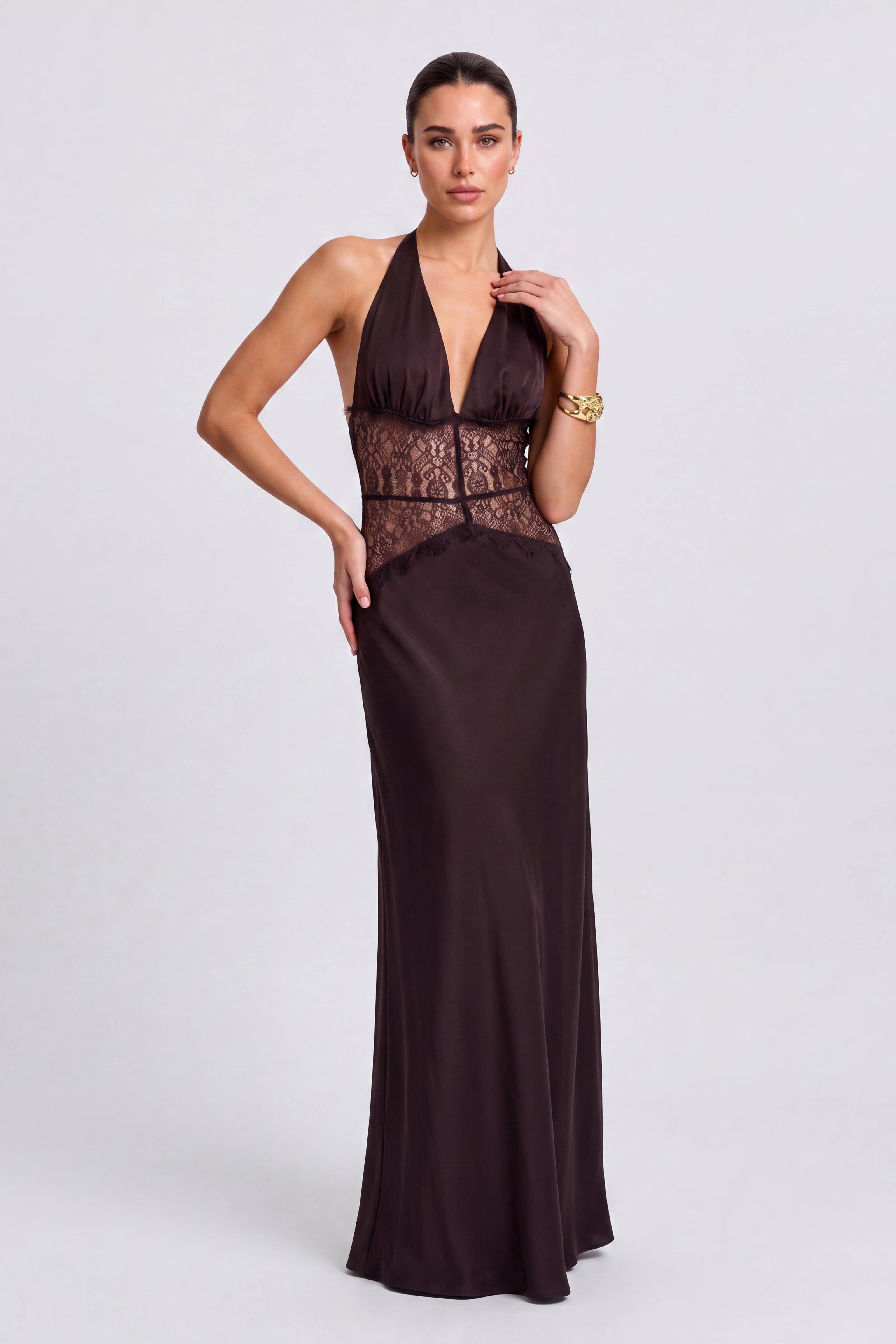 Lace Cut-Out Backless Neck Satin Long Dress