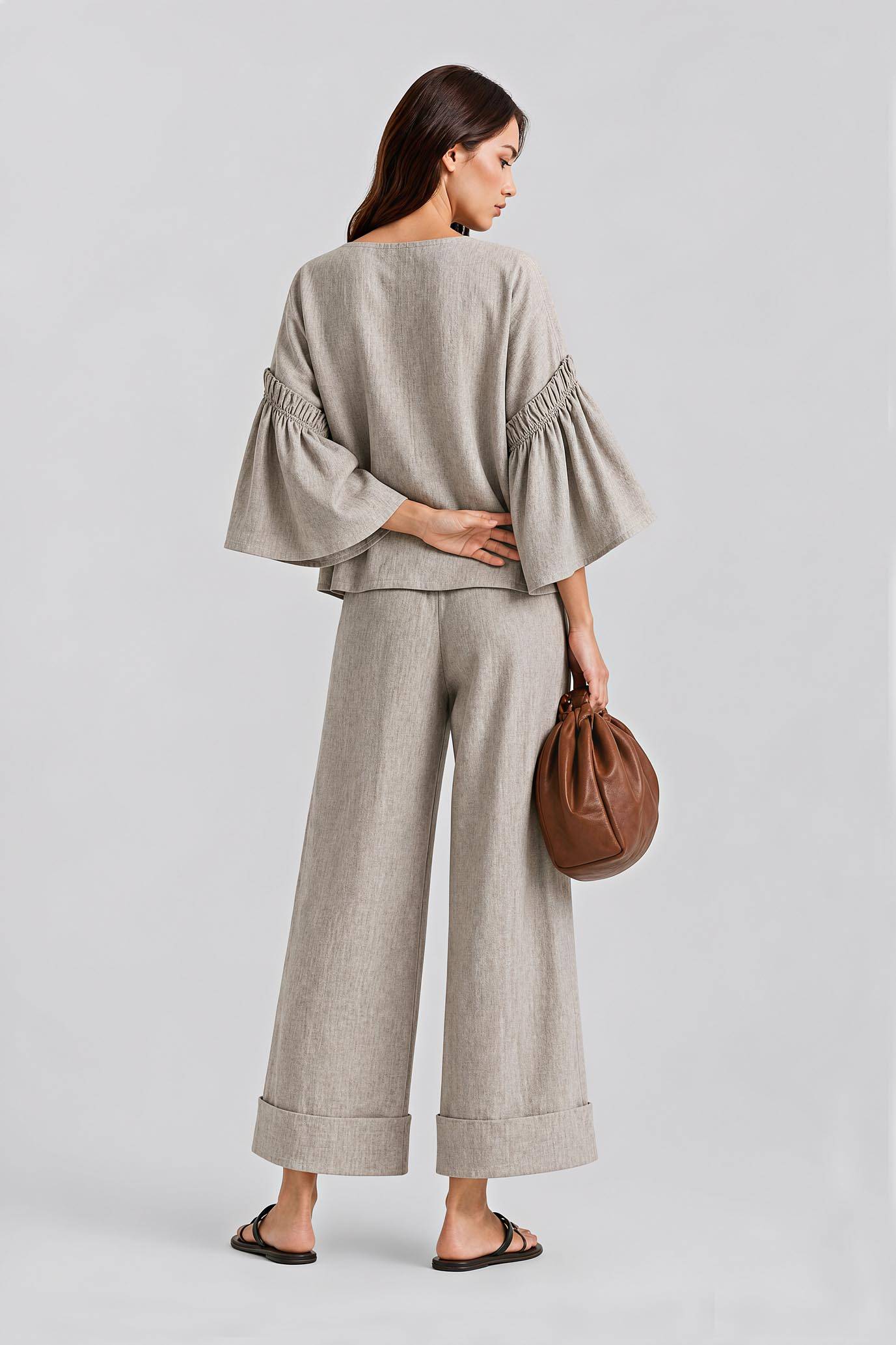 Holiday Casual Loose Bell Sleeve Top With Cropped Pants Set