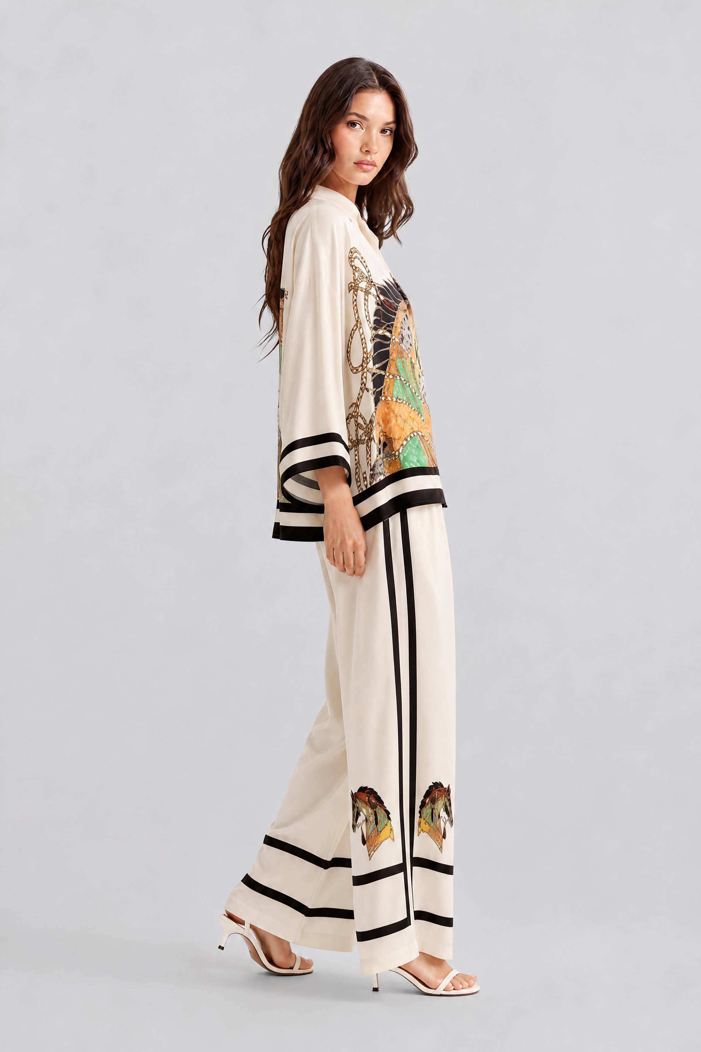 V-Neck Horse Pattern Satin Suit Pants Two-Piece Set