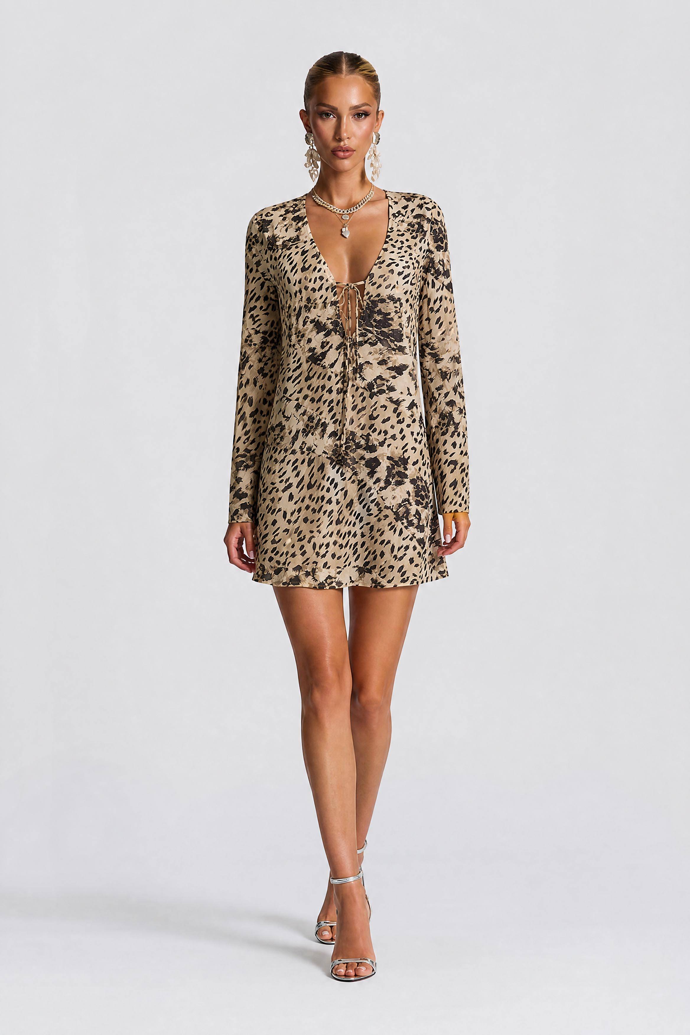 Vintage Leopard Print V-Neck Strap Long Sleeve Short Dress