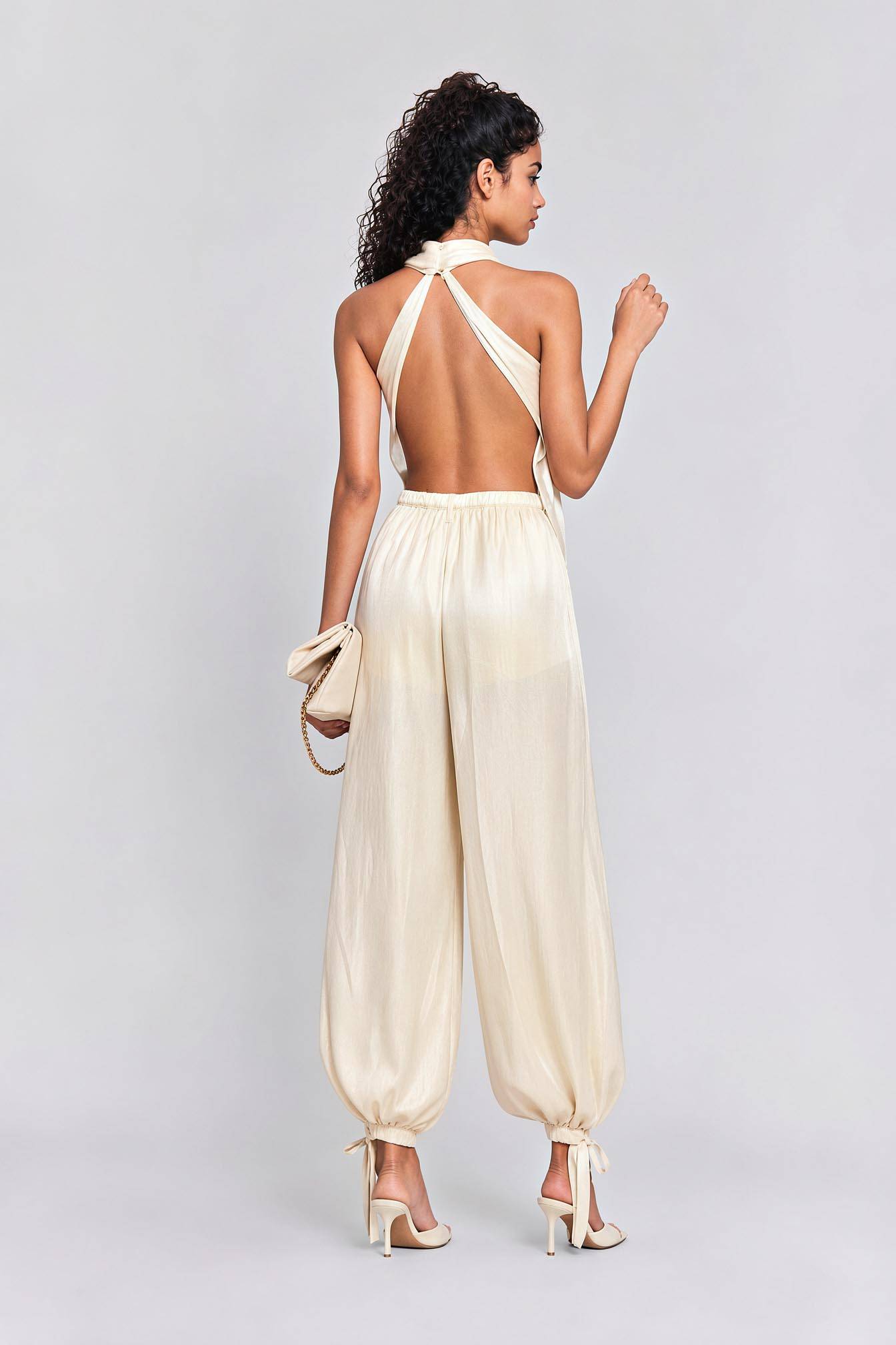 Cream Satin Halter Neck Two-Piece Set - Backless Draped Top & Wide-Leg Pants Elegant Evening Outfit For Wedding, Gala & Party