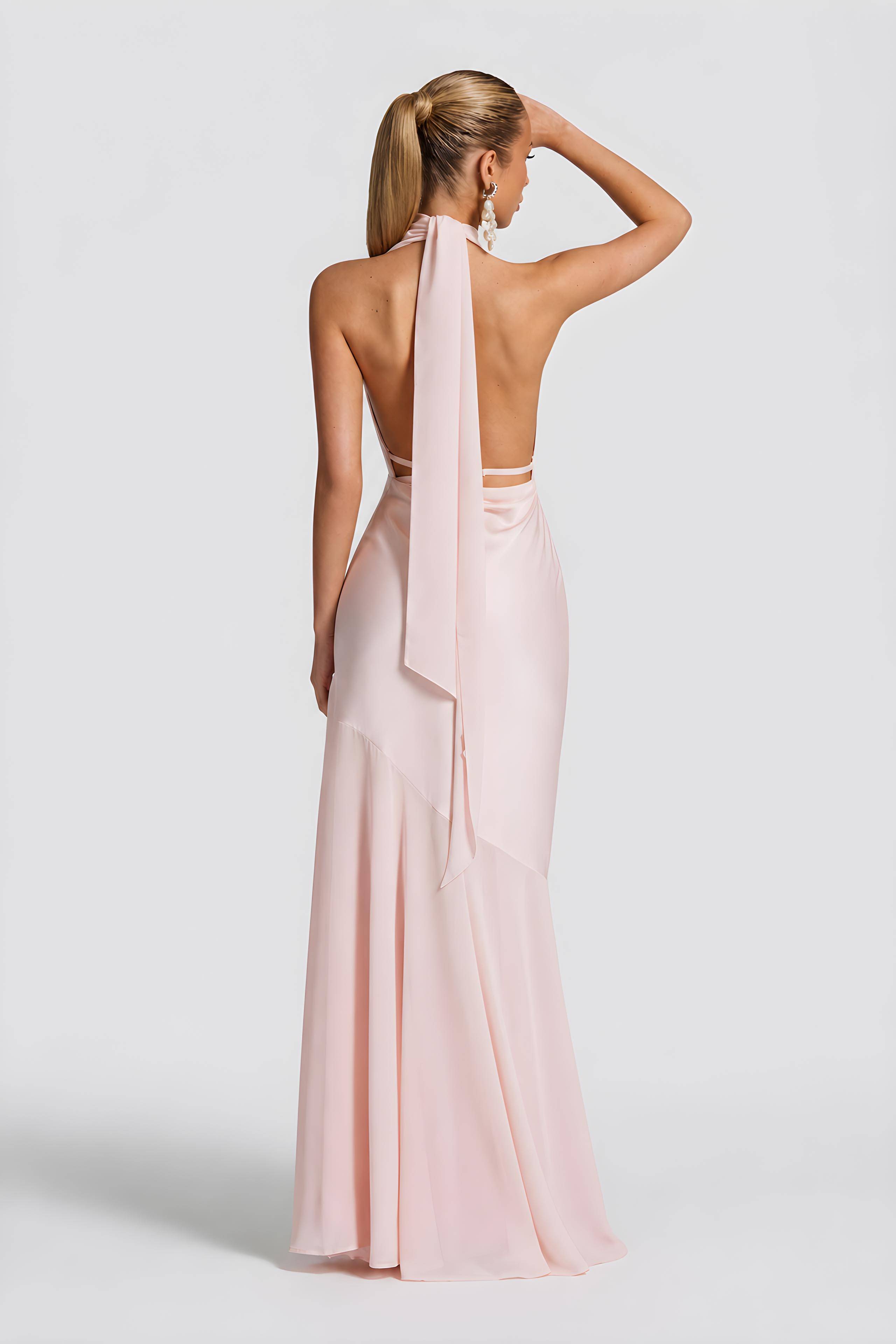 Olive Satin Halter Neck Deep V-Neck Mermaid Evening Gown - Sexy Backless Formal Dress For Party, Wedding & Gala