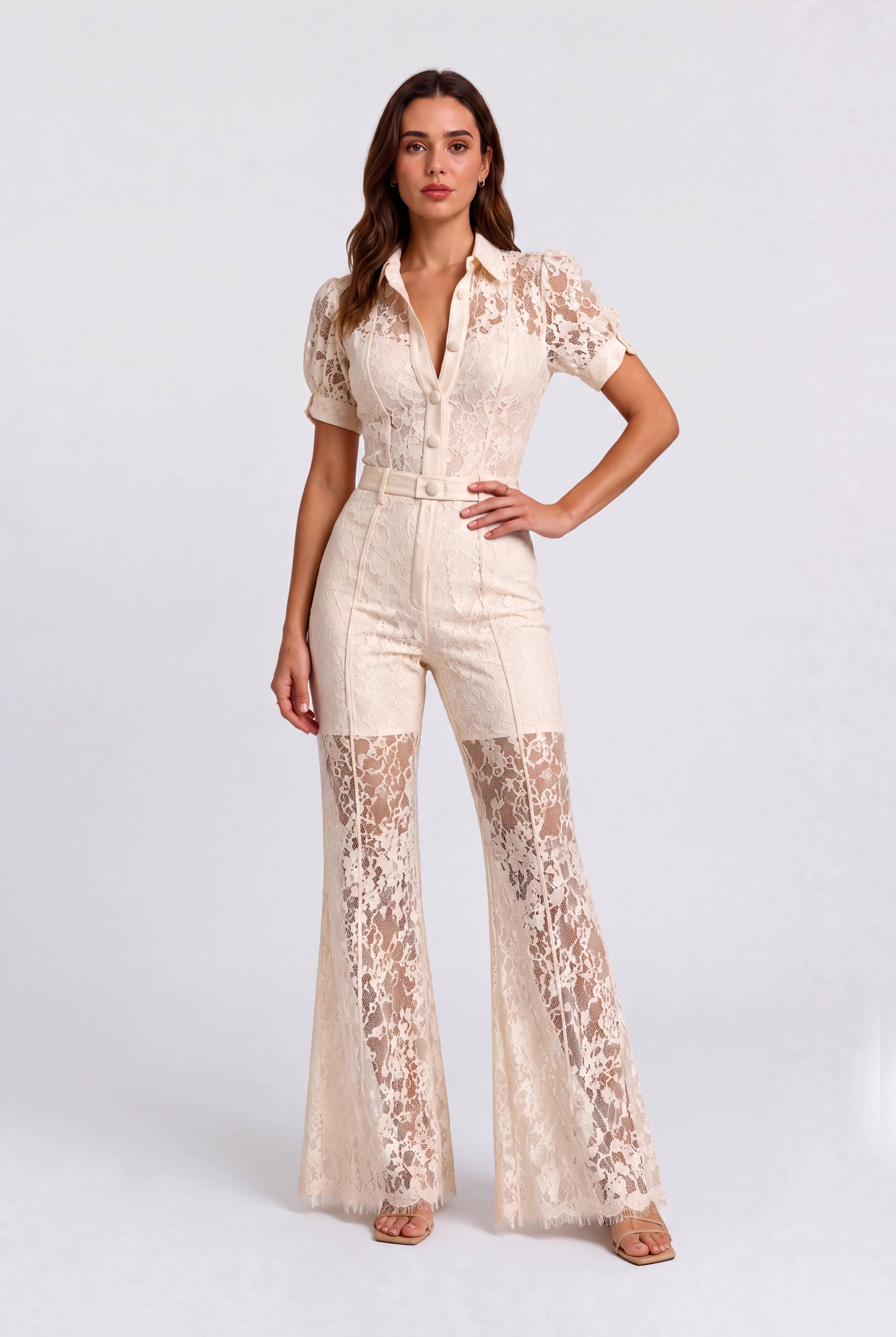 Vintage Lace Bubble Sleeve Slim-fit Jumpsuit
