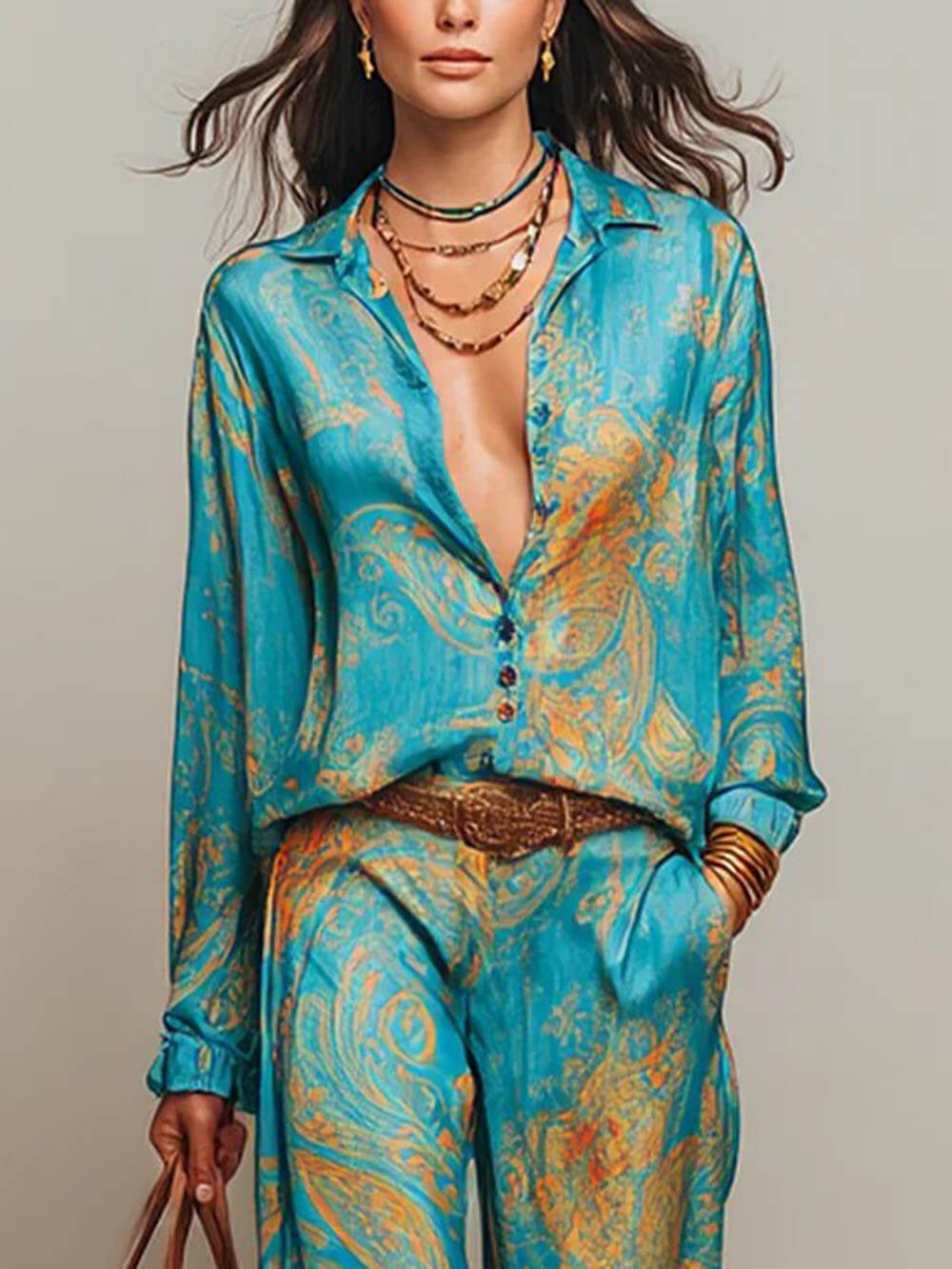 Unique Floral Print Button-Up Shirt and Elastic Waist Wide-Leg Pants Set