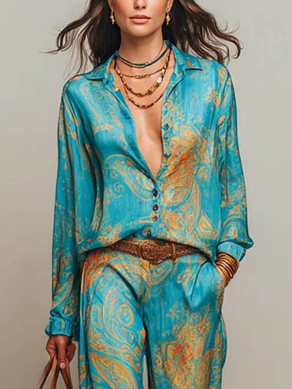 Unique Floral Print Button-Up Shirt and Elastic Waist Wide-Leg Pants Set