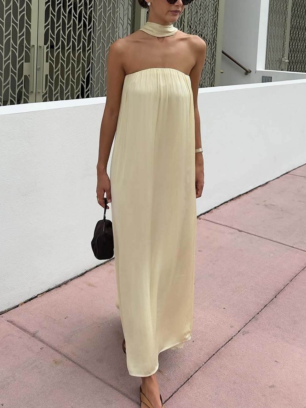 Delicate Satin Strapless Tie-Halter Maxi Dress