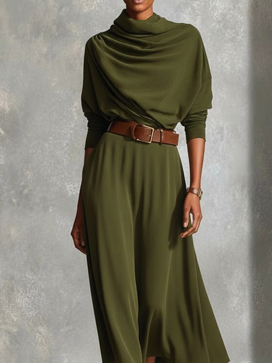 Elegant Draped Neck Knit Midi Dress