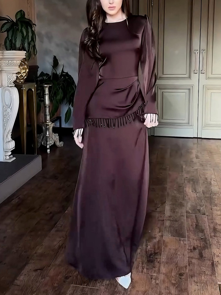 Elegant Satin Beaded Tassel Maxi Dress